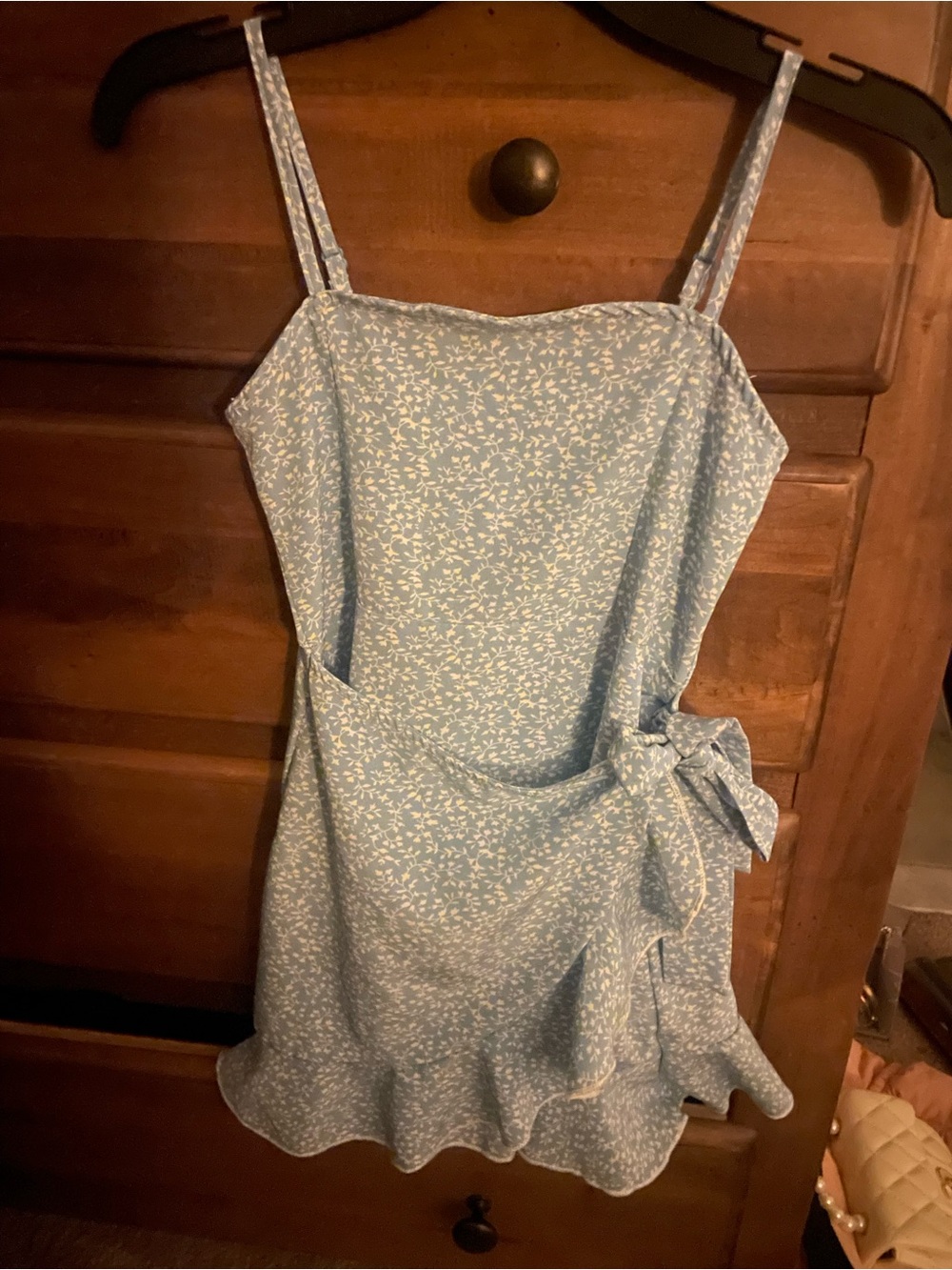 Light Blue Floral Tie-Waist Summer Dress